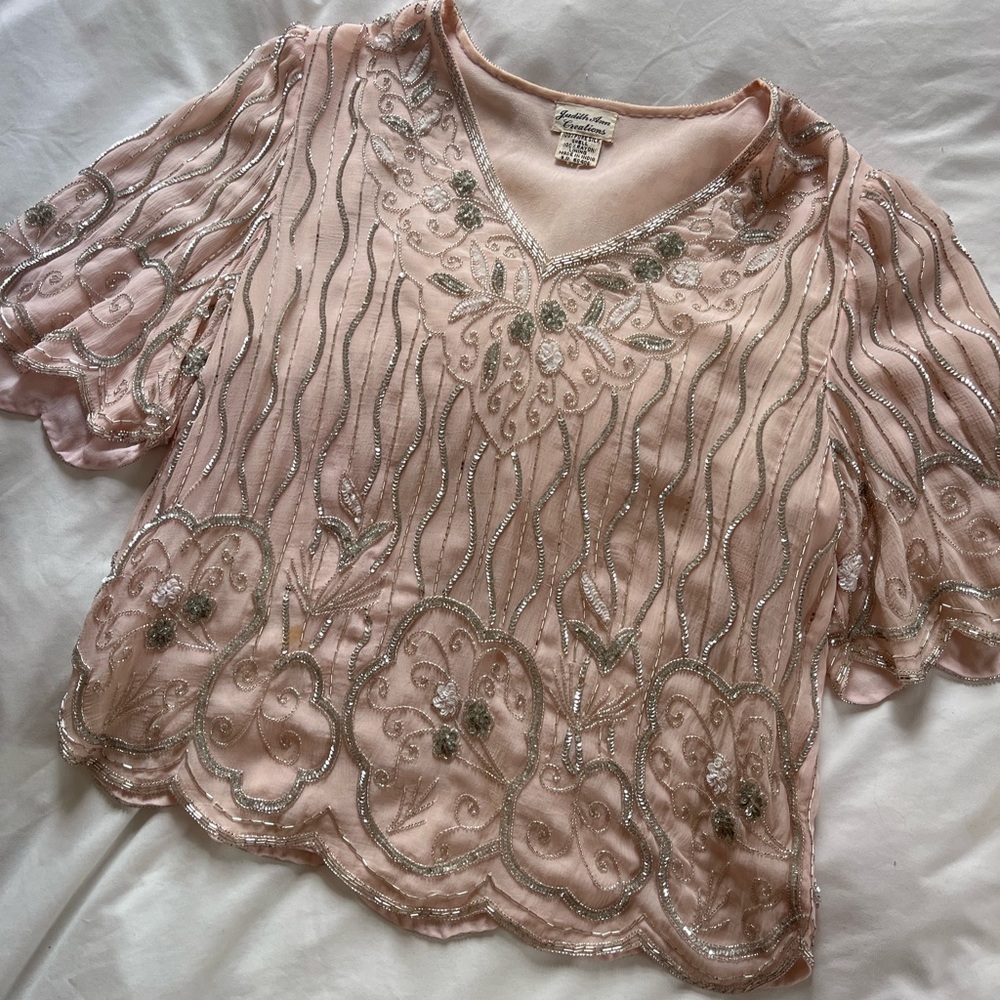 Vintage 80s Silver and Pink Beaded Sill Blouse